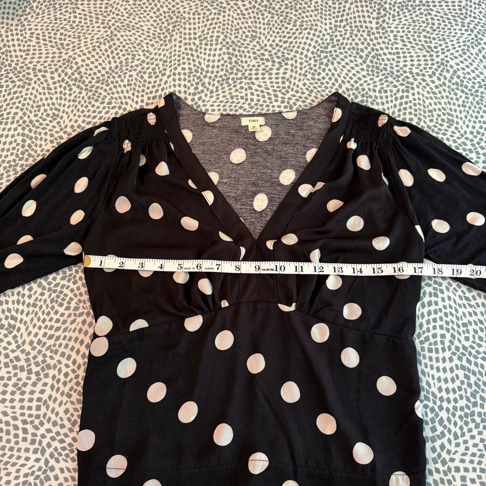 Anthropologie | Black and White Polka Dot Smocked Waist Blouse - Picture 8 of 11